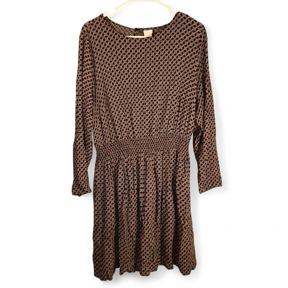 H&M Long Sleeve Patterned Dress Size 10 Black & White Keyhole Back Smocked Waist - Picture 2 of 9